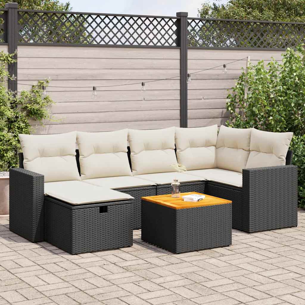 7 Piece Garden Sofa Set with Cushions Black Poly Rattan