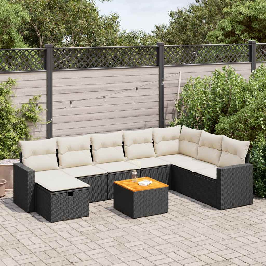 9 Piece Garden Sofa Set with Cushions Black Poly Rattan