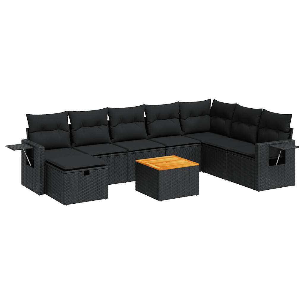 9 Piece Garden Sofa Set with Cushions Black Poly Rattan