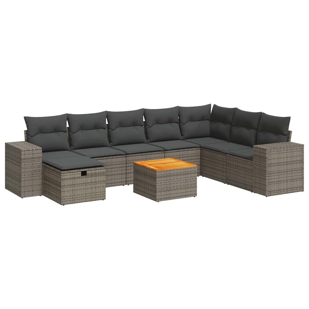 9 Piece Garden Sofa Set with Cushions Grey Poly Rattan
