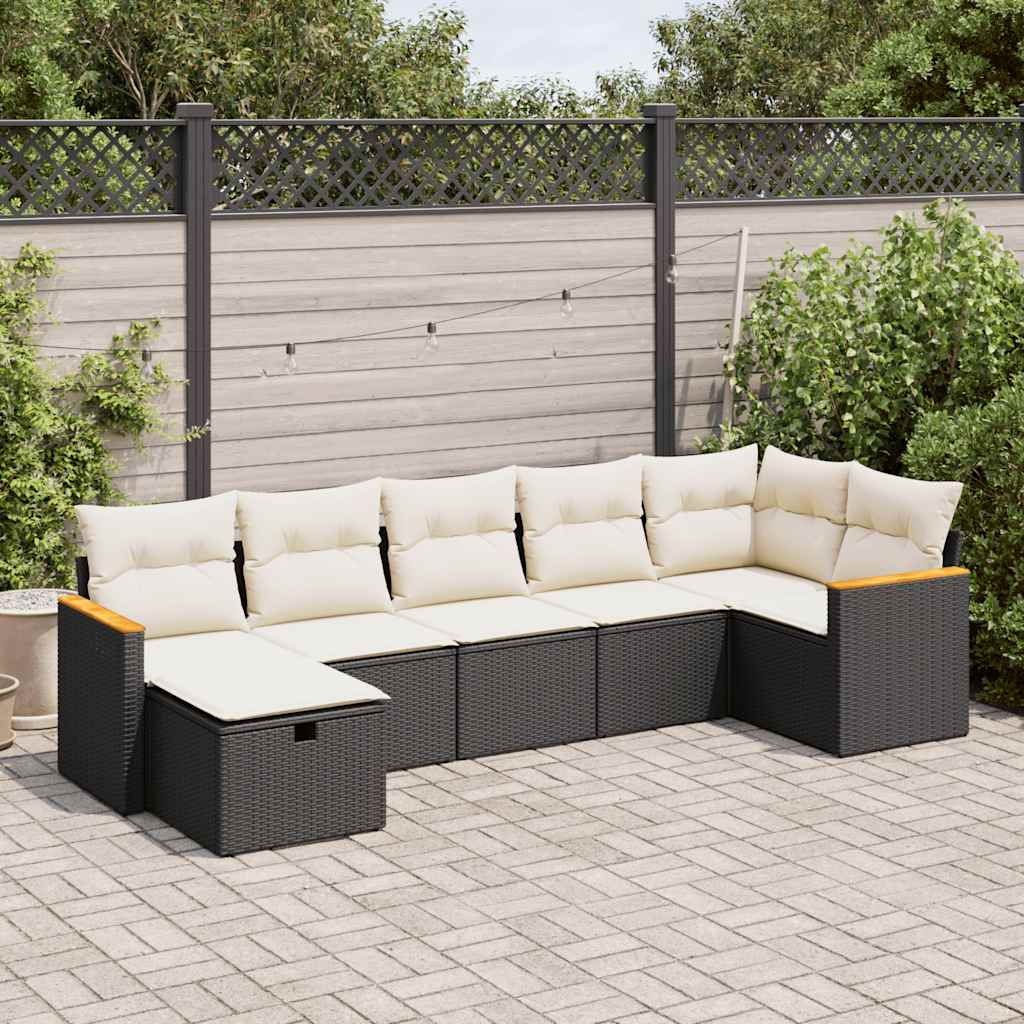 7 Piece Garden Sofa Set with Cushions Black Poly Rattan