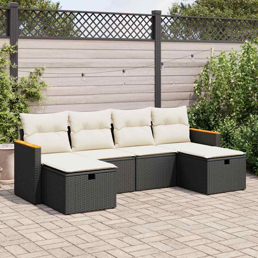 6 Piece Garden Sofa Set with Cushions Black Poly Rattan