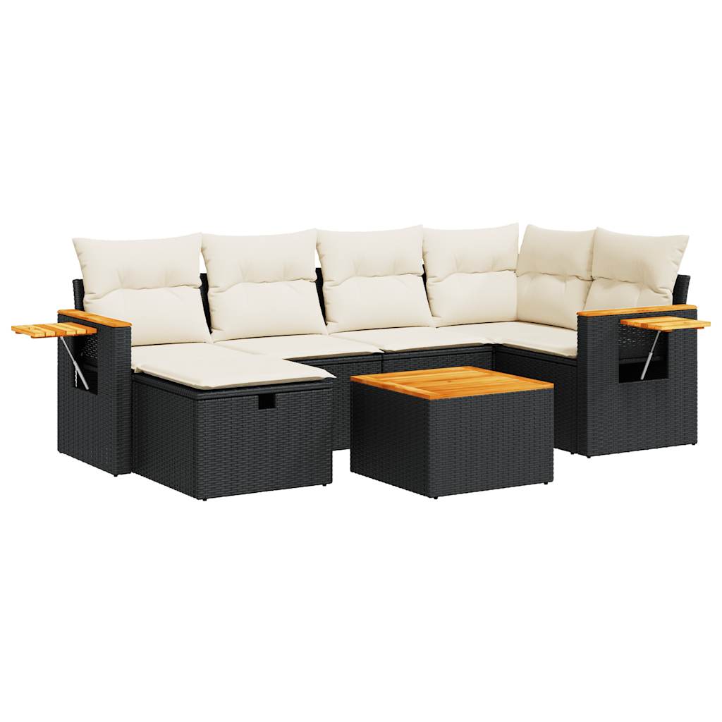 7 Piece Garden Sofa Set with Cushions Black Poly Rattan