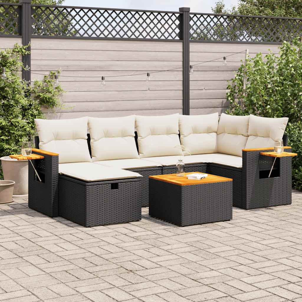 7 Piece Garden Sofa Set with Cushions Black Poly Rattan