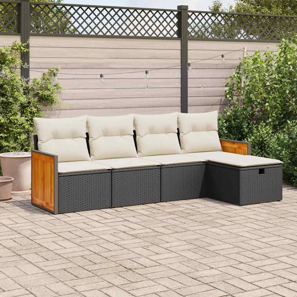 5 Piece Garden Sofa Set with Cushions Black Poly Rattan