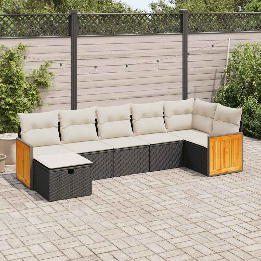 7 Piece Garden Sofa Set with Cushions Black Poly Rattan