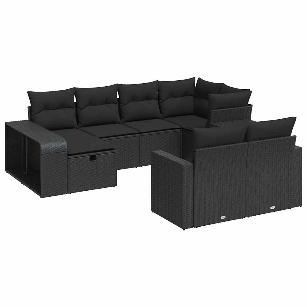 10 Piece Garden Sofa Set with Cushions Black Poly Rattan