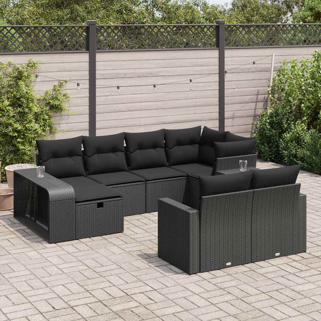 10 Piece Garden Sofa Set with Cushions Black Poly Rattan