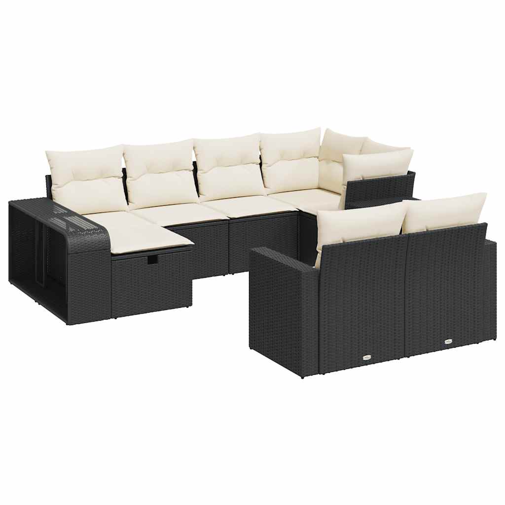 10 Piece Garden Sofa Set with Cushions Black Poly Rattan