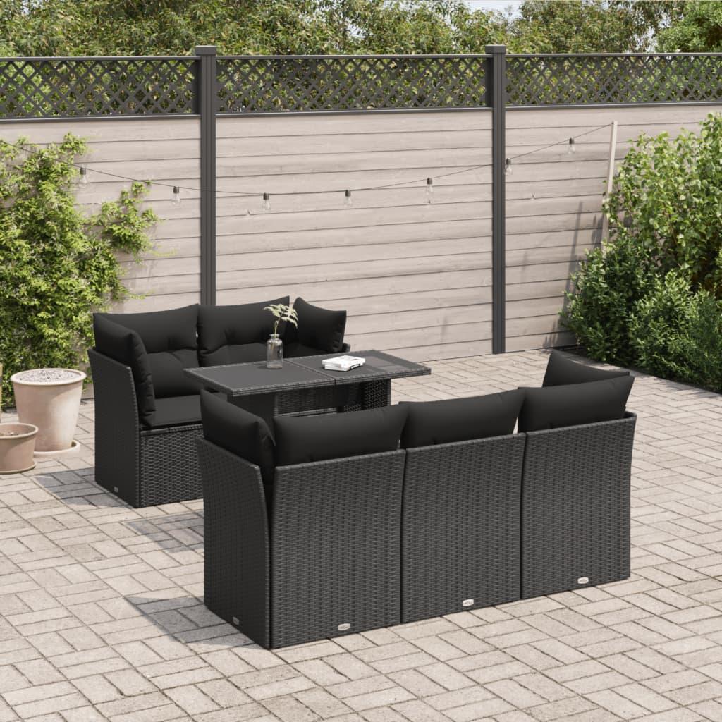 6 Piece Garden Sofa Set with Cushions Black Poly Rattan