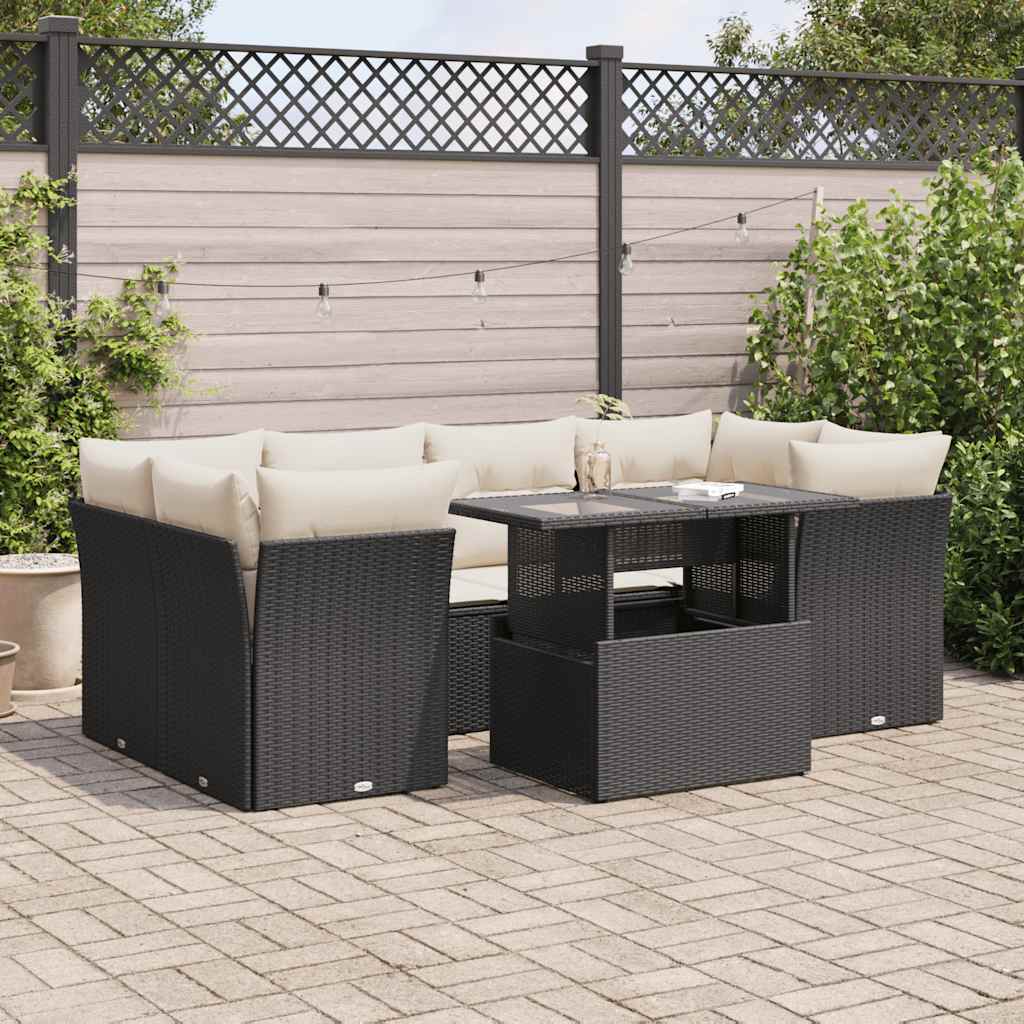 7 Piece Garden Sofa Set with Cushions Black Poly Rattan