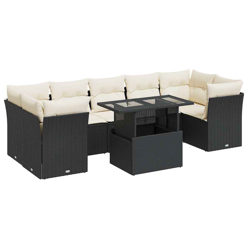 8 Piece Garden Sofa Set with Cushions Black Poly Rattan