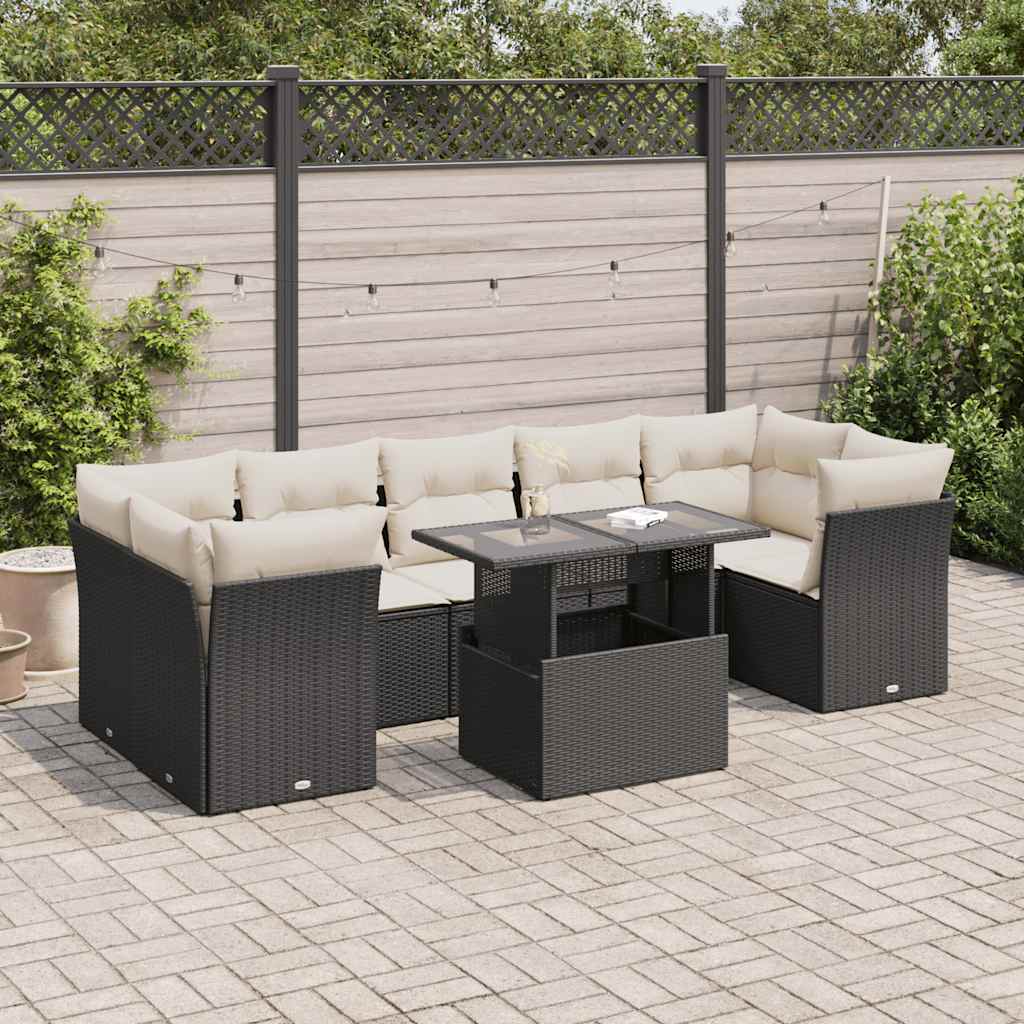 8 Piece Garden Sofa Set with Cushions Black Poly Rattan