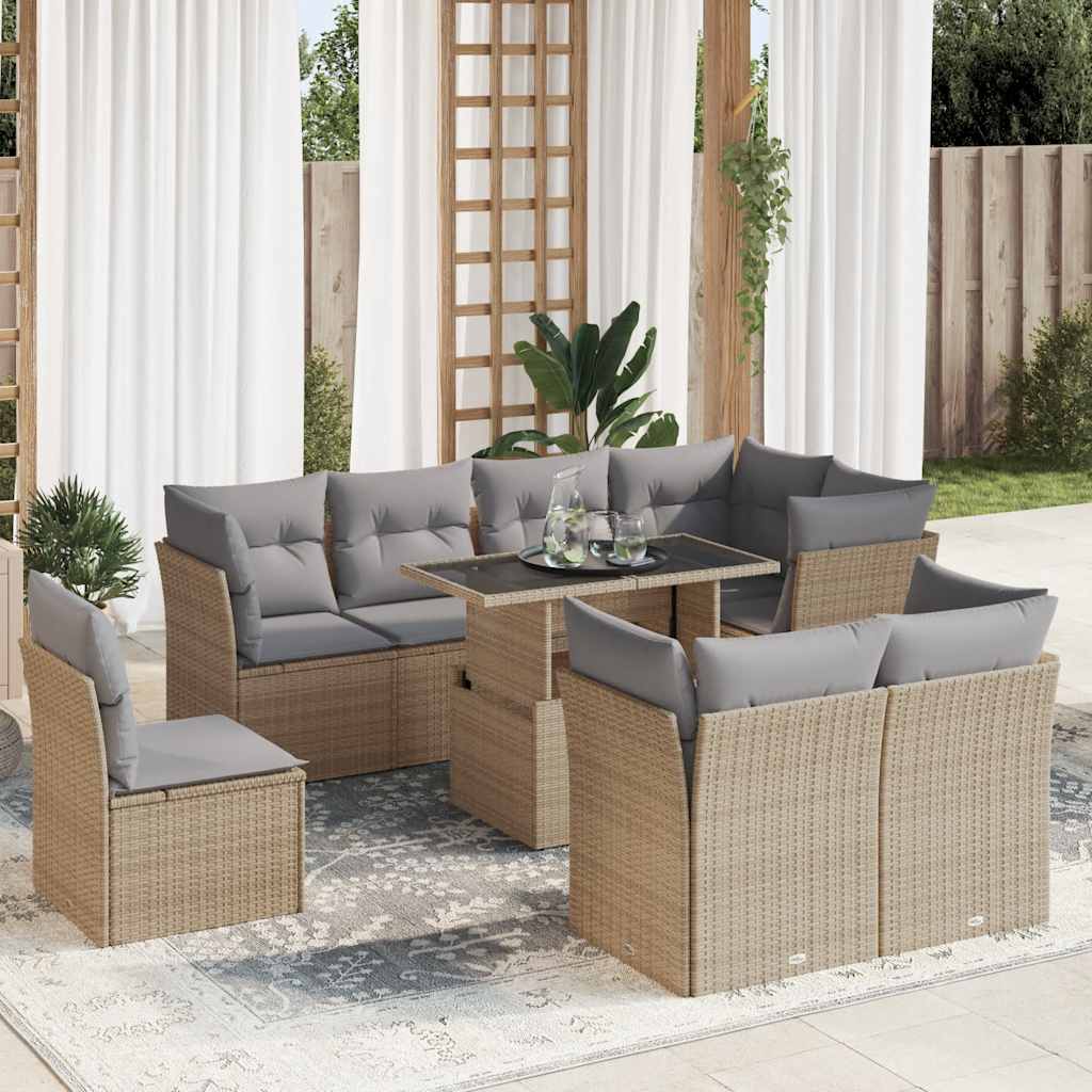 9 Piece Garden Sofa Set with Cushions Beige Poly Rattan
