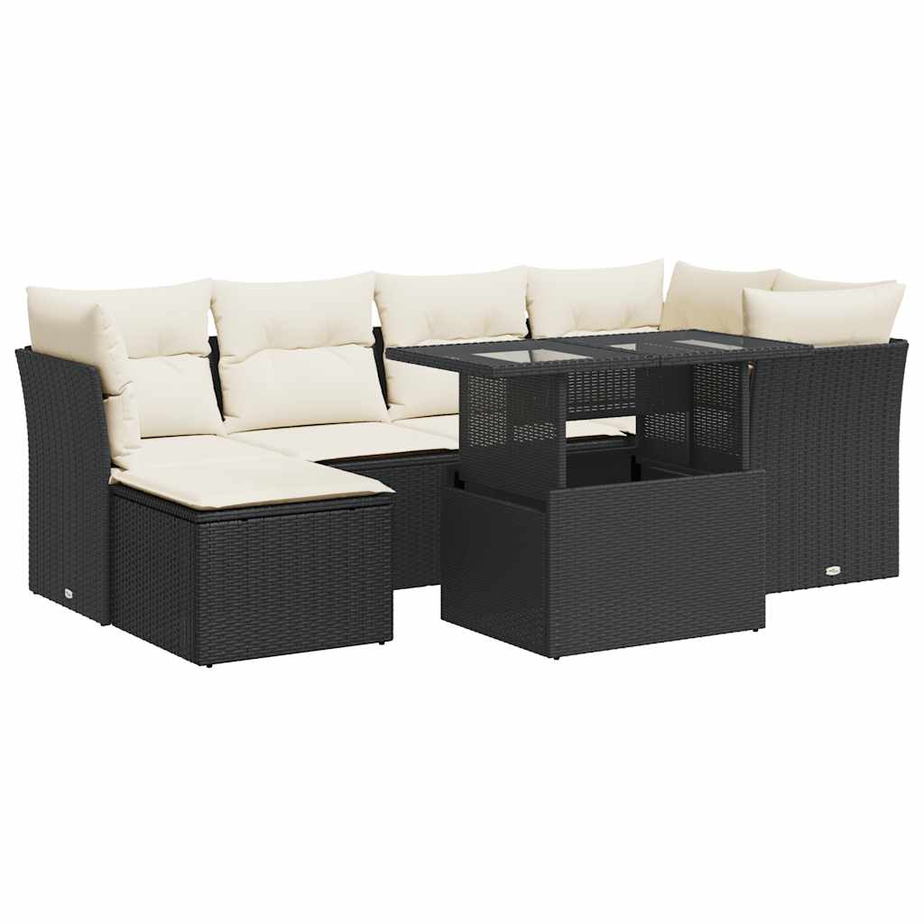 7 Piece Garden Sofa Set with Cushions Black Poly Rattan
