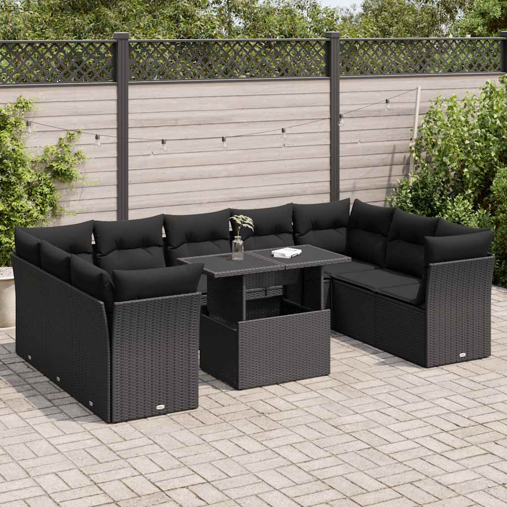 10 Piece Garden Sofa Set with Cushions Black Poly Rattan