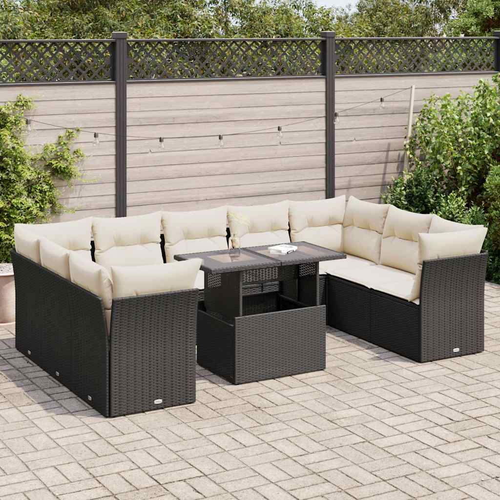 10 Piece Garden Sofa Set with Cushions Black Poly Rattan