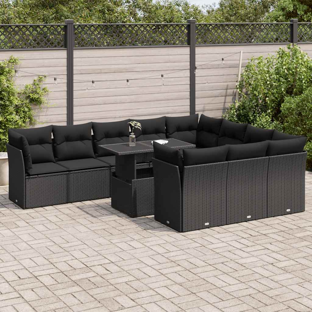 11 Piece Garden Sofa Set with Cushions Black Poly Rattan