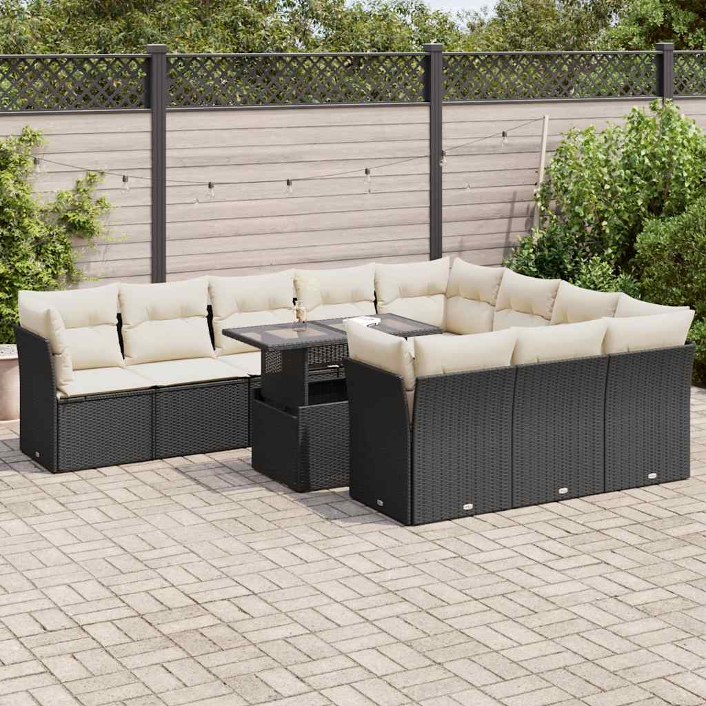 11 Piece Garden Sofa Set with Cushions Black Poly Rattan