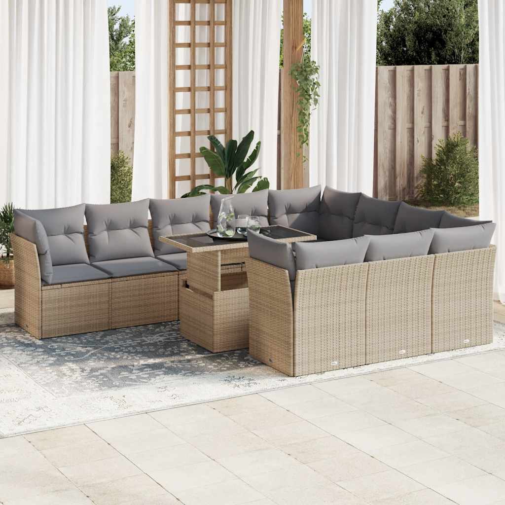 11 Piece Garden Sofa Set with Cushions Beige Poly Rattan