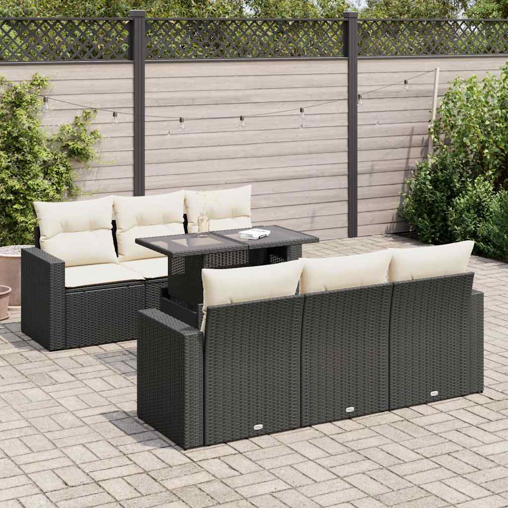 7 Piece Garden Sofa Set with Cushions Black Poly Rattan