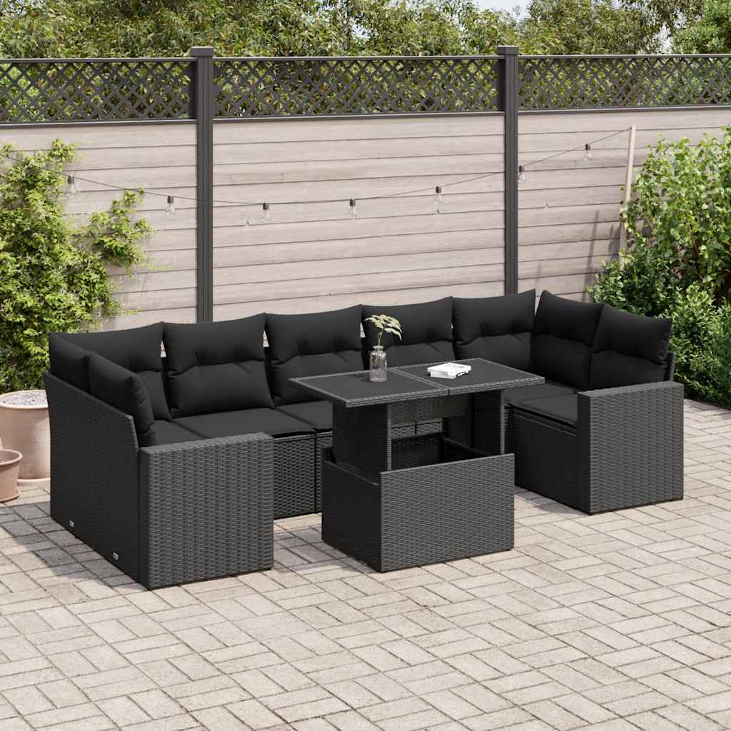 8 Piece Garden Sofa Set with Cushions Black Poly Rattan