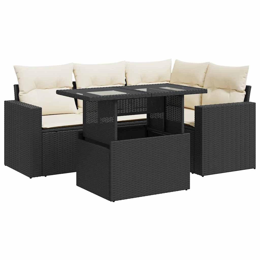 5 Piece Garden Sofa Set with Cushions Black Poly Rattan