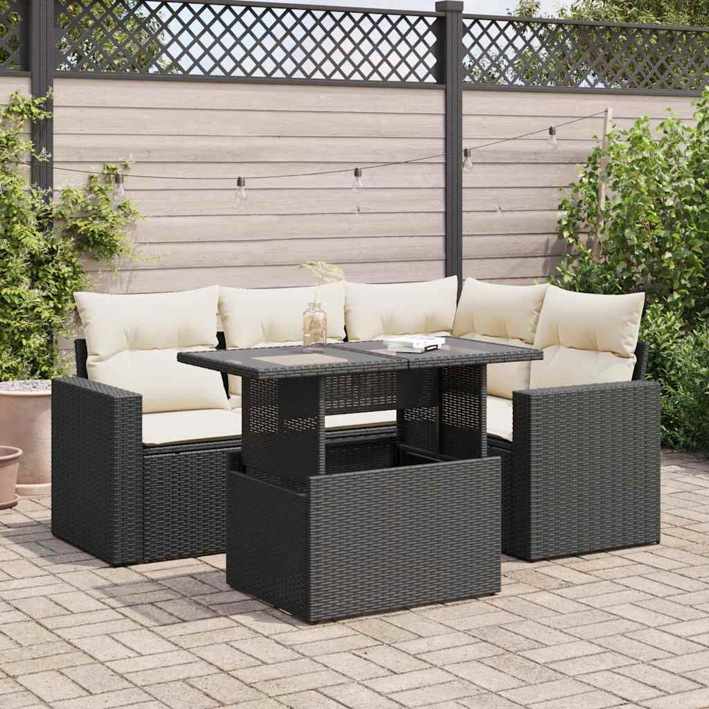 5 Piece Garden Sofa Set with Cushions Black Poly Rattan