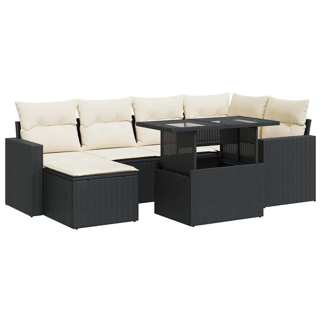 7 Piece Garden Sofa Set with Cushions Black Poly Rattan