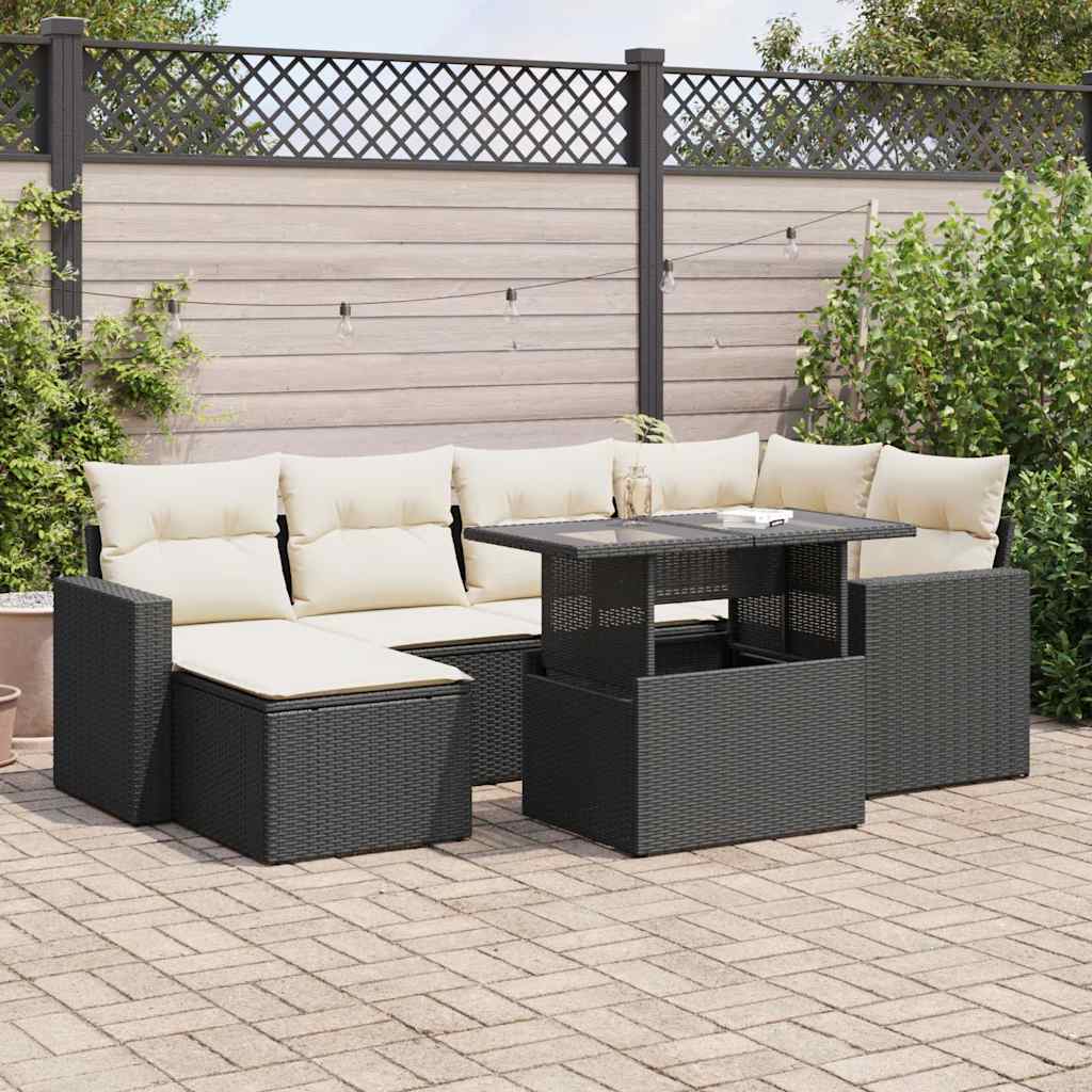7 Piece Garden Sofa Set with Cushions Black Poly Rattan
