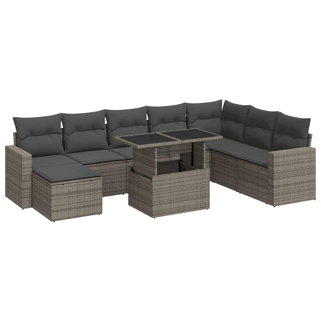 9 Piece Garden Sofa Set with Cushions Grey Poly Rattan