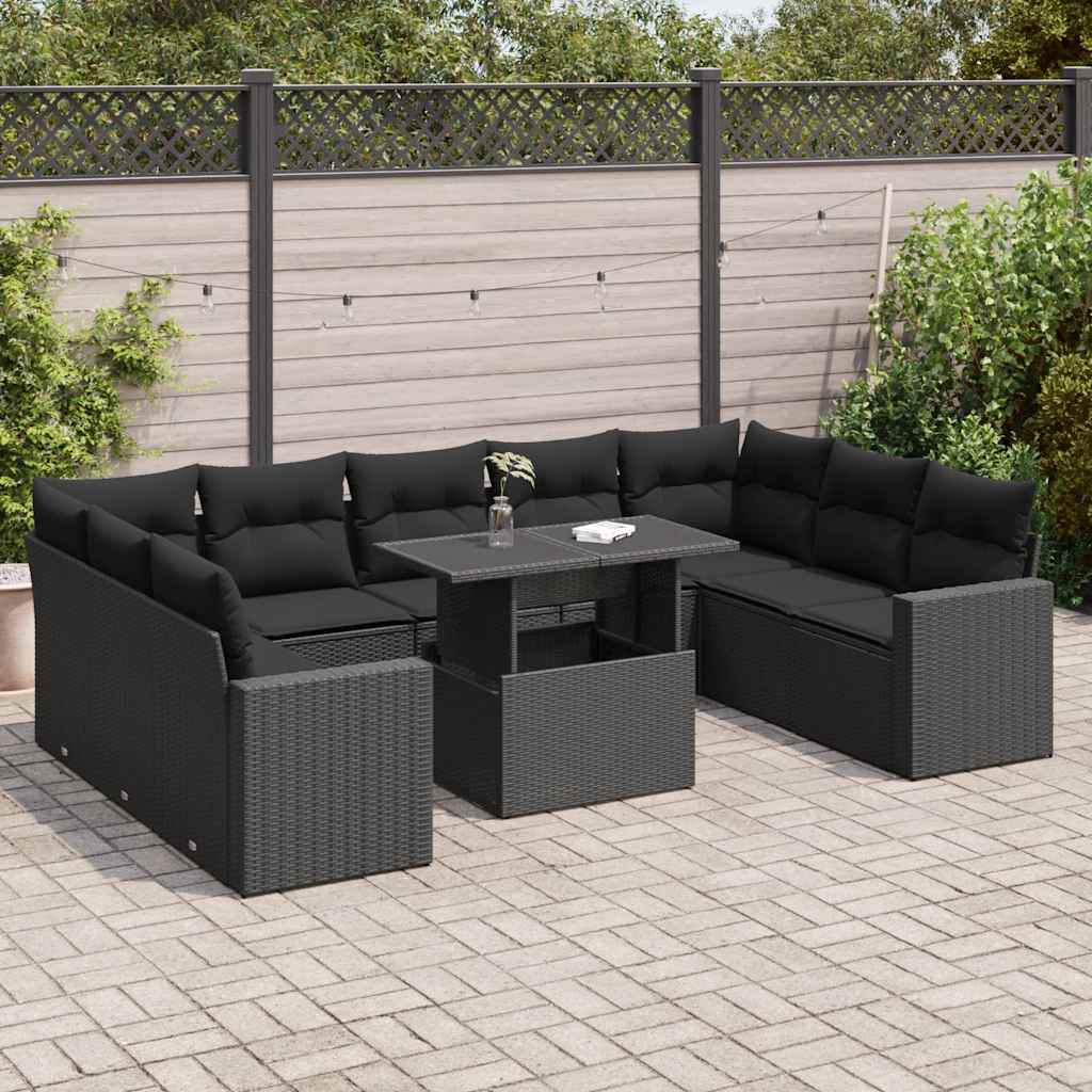 10 Piece Garden Sofa Set with Cushions Black Poly Rattan