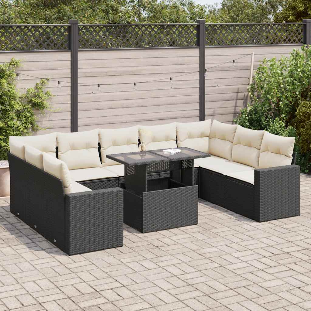 10 Piece Garden Sofa Set with Cushions Black Poly Rattan