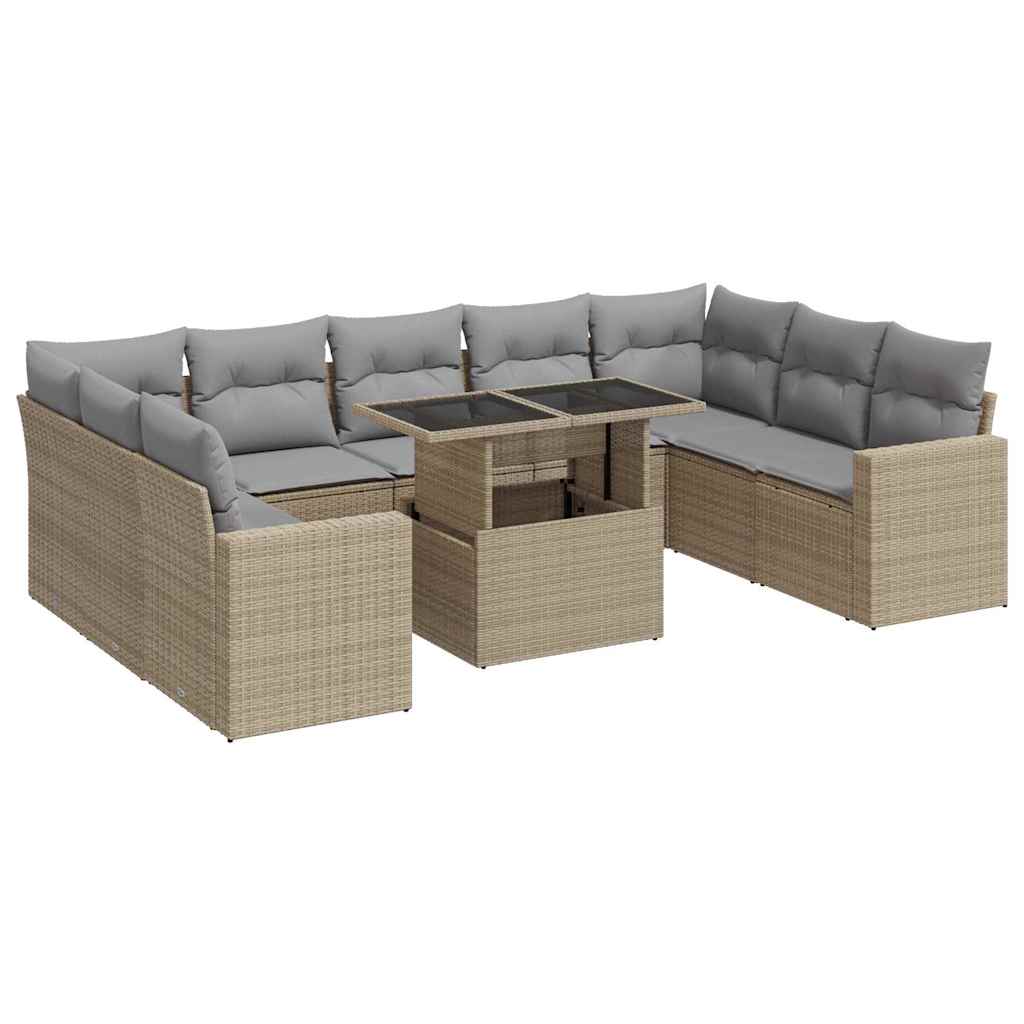 10 Piece Garden Sofa Set with Cushions Beige Poly Rattan