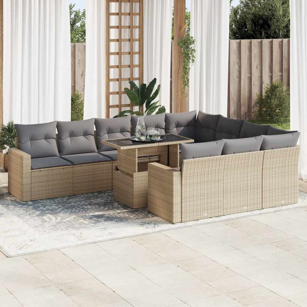 11 Piece Garden Sofa Set with Cushions Beige Poly Rattan