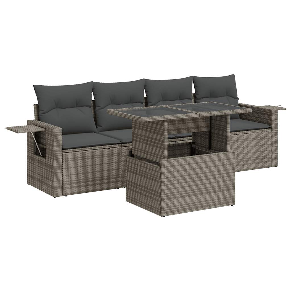5 Piece Garden Sofa Set with Cushions Grey Poly Rattan