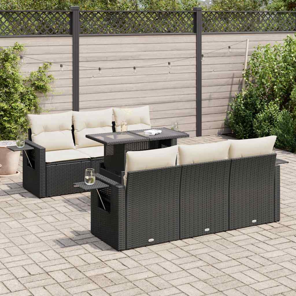 7 Piece Garden Sofa Set with Cushions Black Poly Rattan