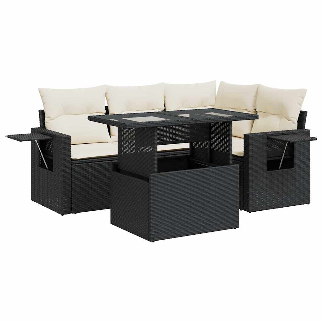 5 Piece Garden Sofa Set with Cushions Black Poly Rattan
