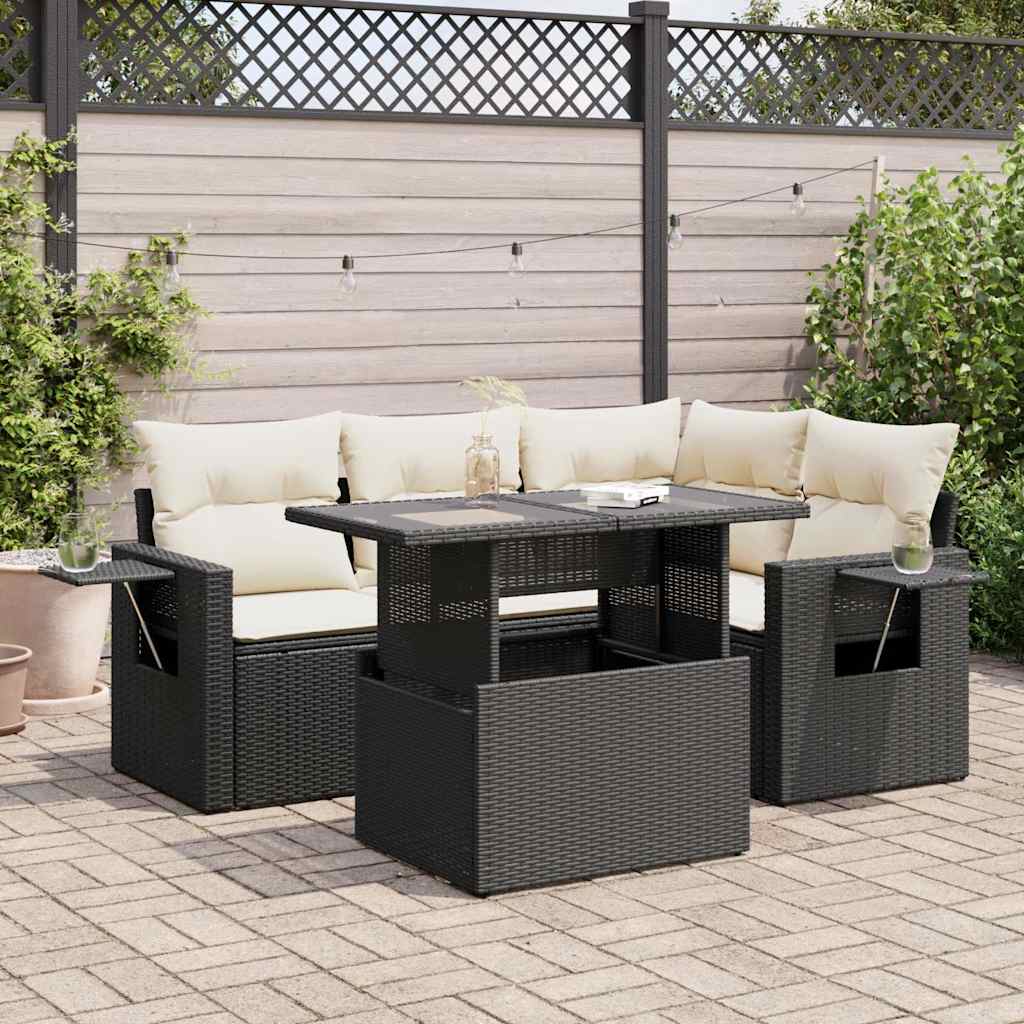 5 Piece Garden Sofa Set with Cushions Black Poly Rattan