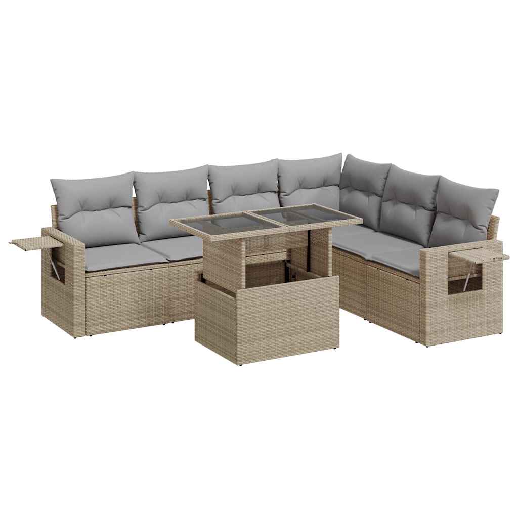 7 Piece Garden Sofa Set with Cushions Beige Poly Rattan