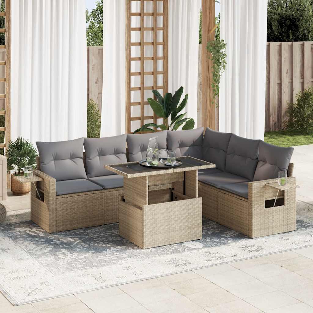 7 Piece Garden Sofa Set with Cushions Beige Poly Rattan