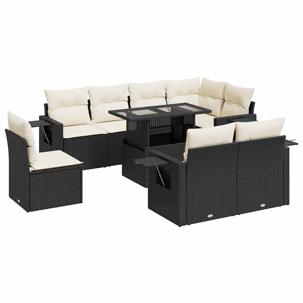 9 Piece Garden Sofa Set with Cushions Black Poly Rattan