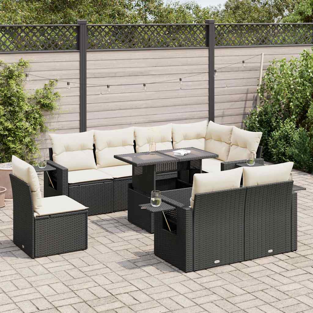 9 Piece Garden Sofa Set with Cushions Black Poly Rattan