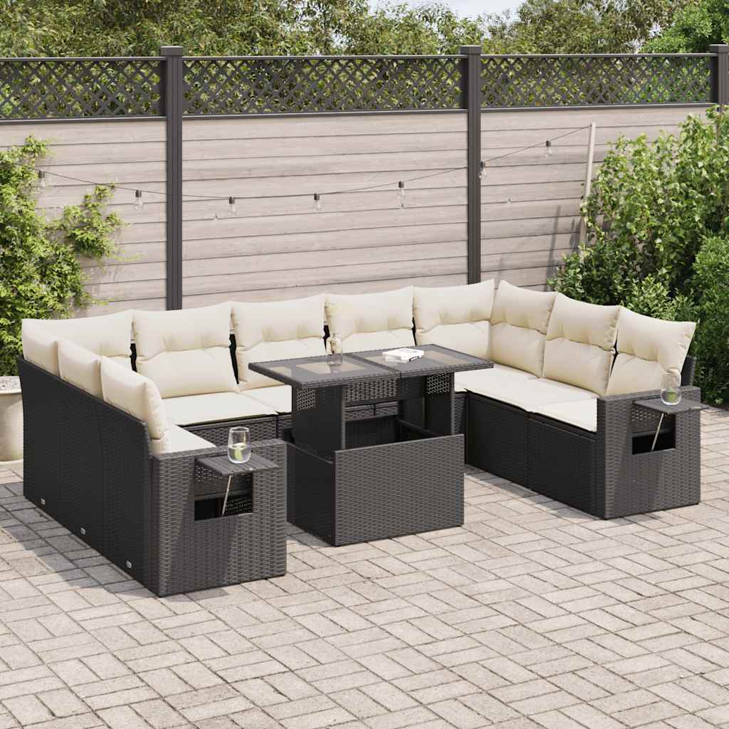 10 Piece Garden Sofa Set with Cushions Black Poly Rattan