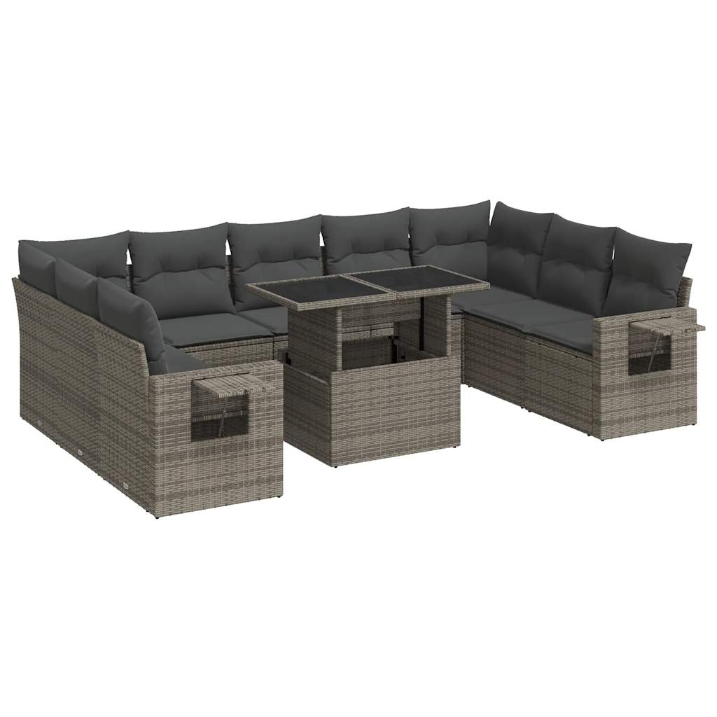 10 Piece Garden Sofa Set with Cushions Grey Poly Rattan