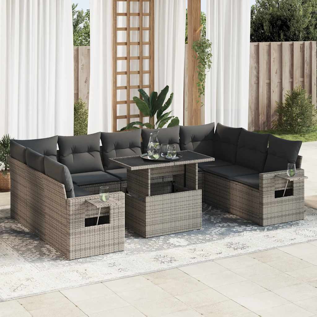 10 Piece Garden Sofa Set with Cushions Grey Poly Rattan