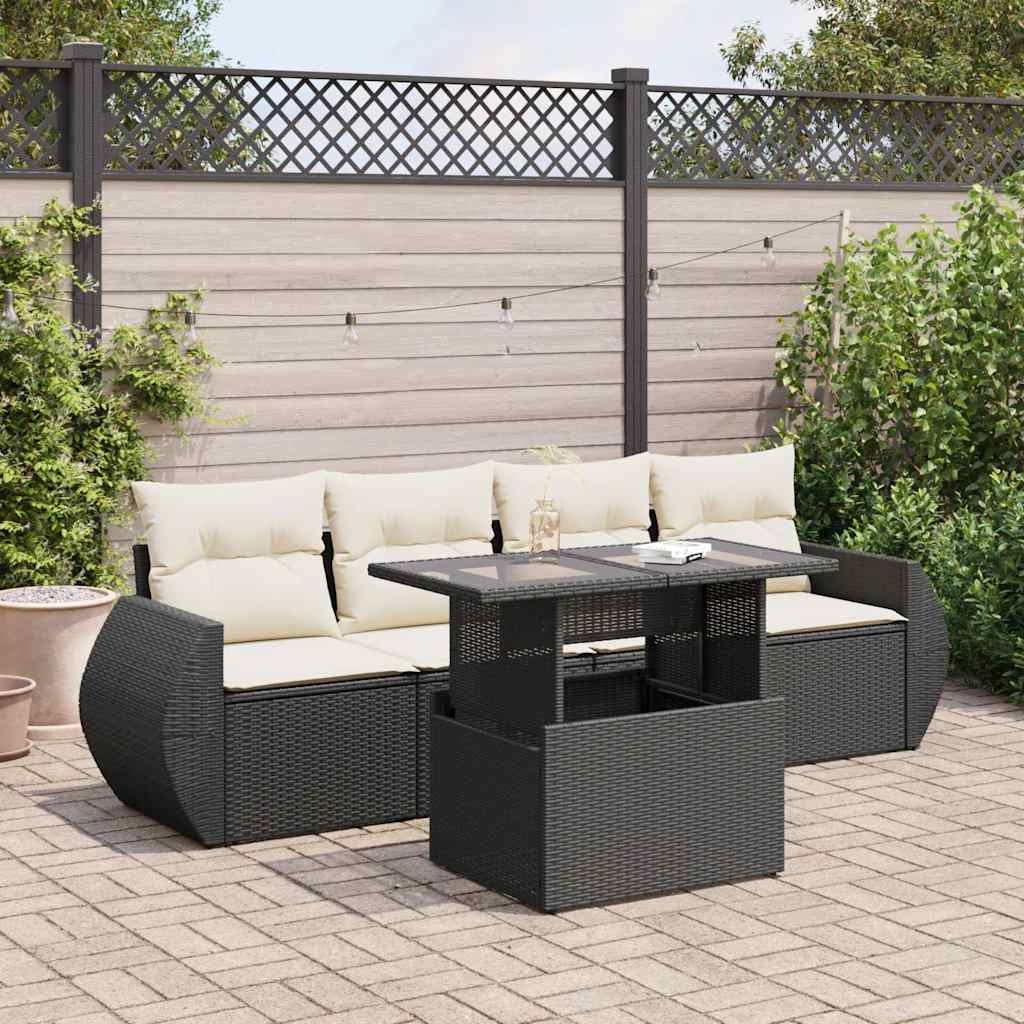 5 Piece Garden Sofa Set with Cushions Black Poly Rattan