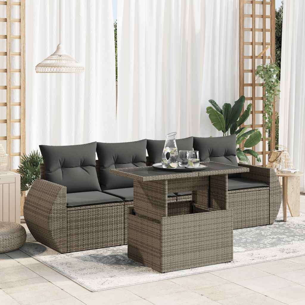 5 Piece Garden Sofa Set with Cushions Grey Poly Rattan