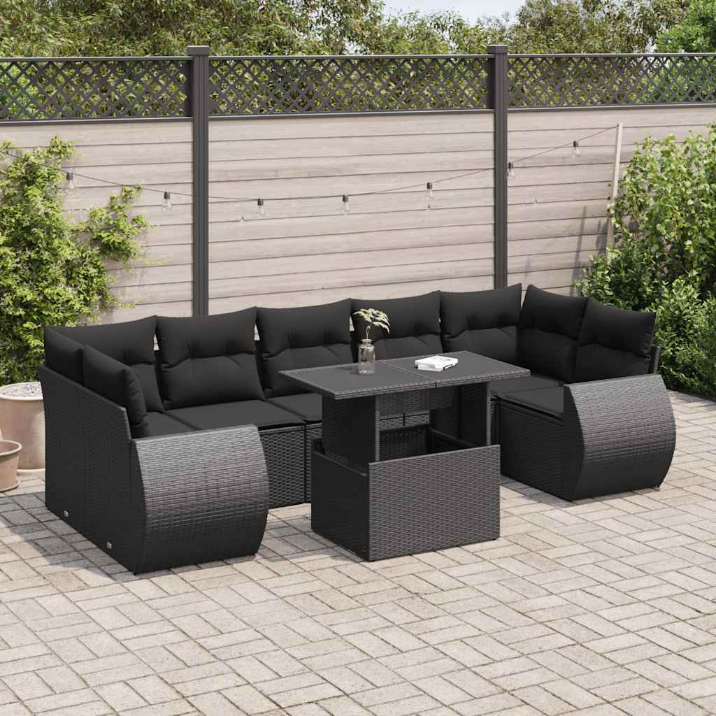 8 Piece Garden Sofa Set with Cushions Black Poly Rattan
