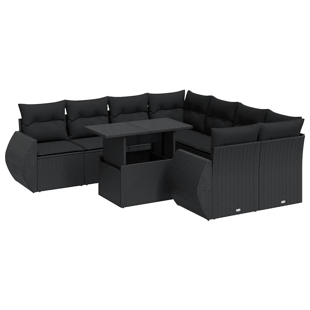 9 Piece Garden Sofa Set with Cushions Black Poly Rattan